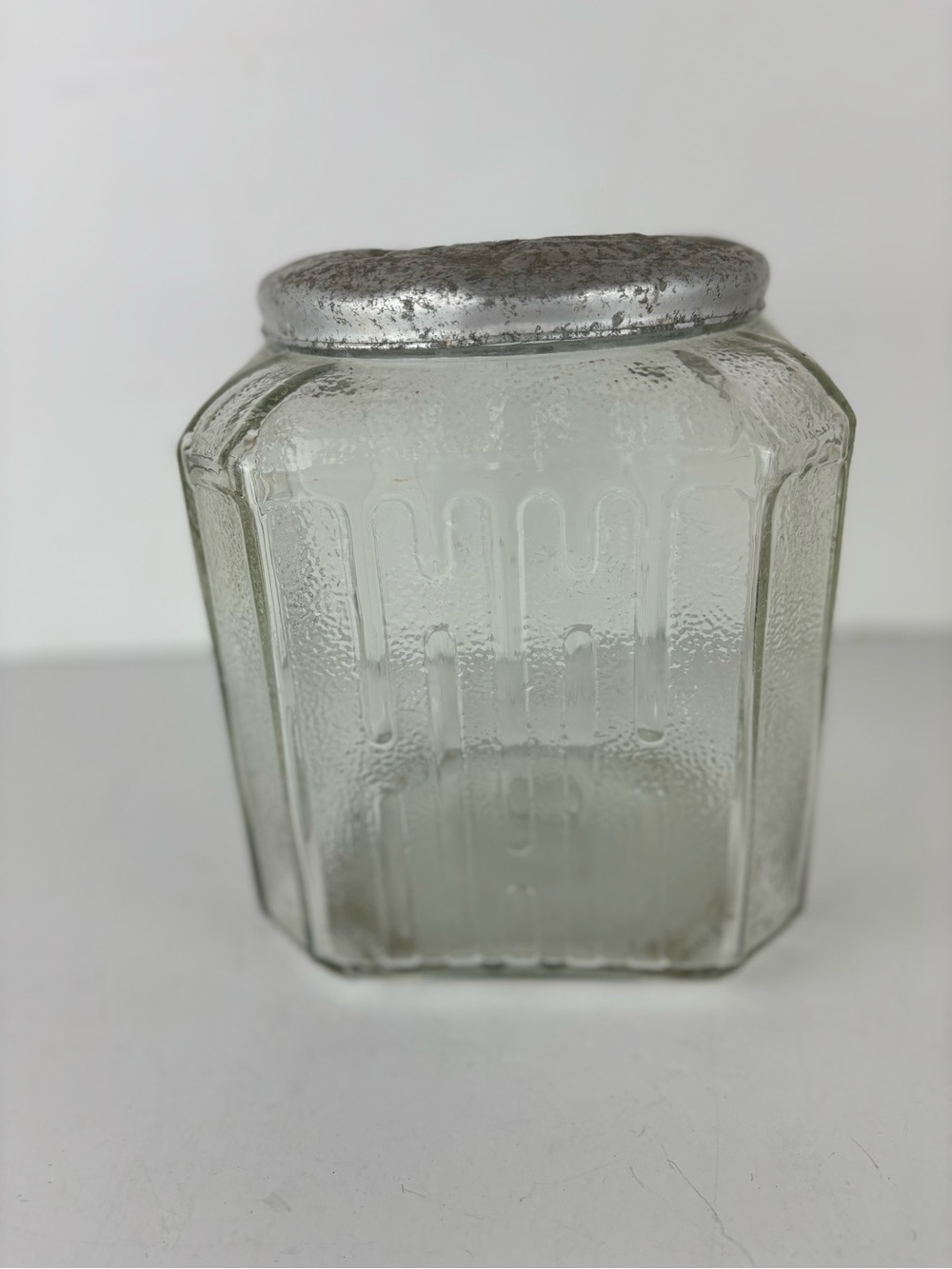 VTG Hooiser Cabinet-Square Glass Gallon Jar-H Pattern-Original Lid Sugar/Flour